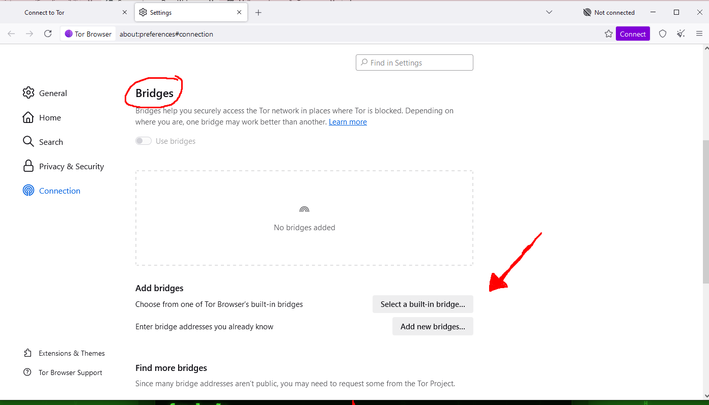 Ativar Use bridges e selecionar built-in bridge no Tor Browser