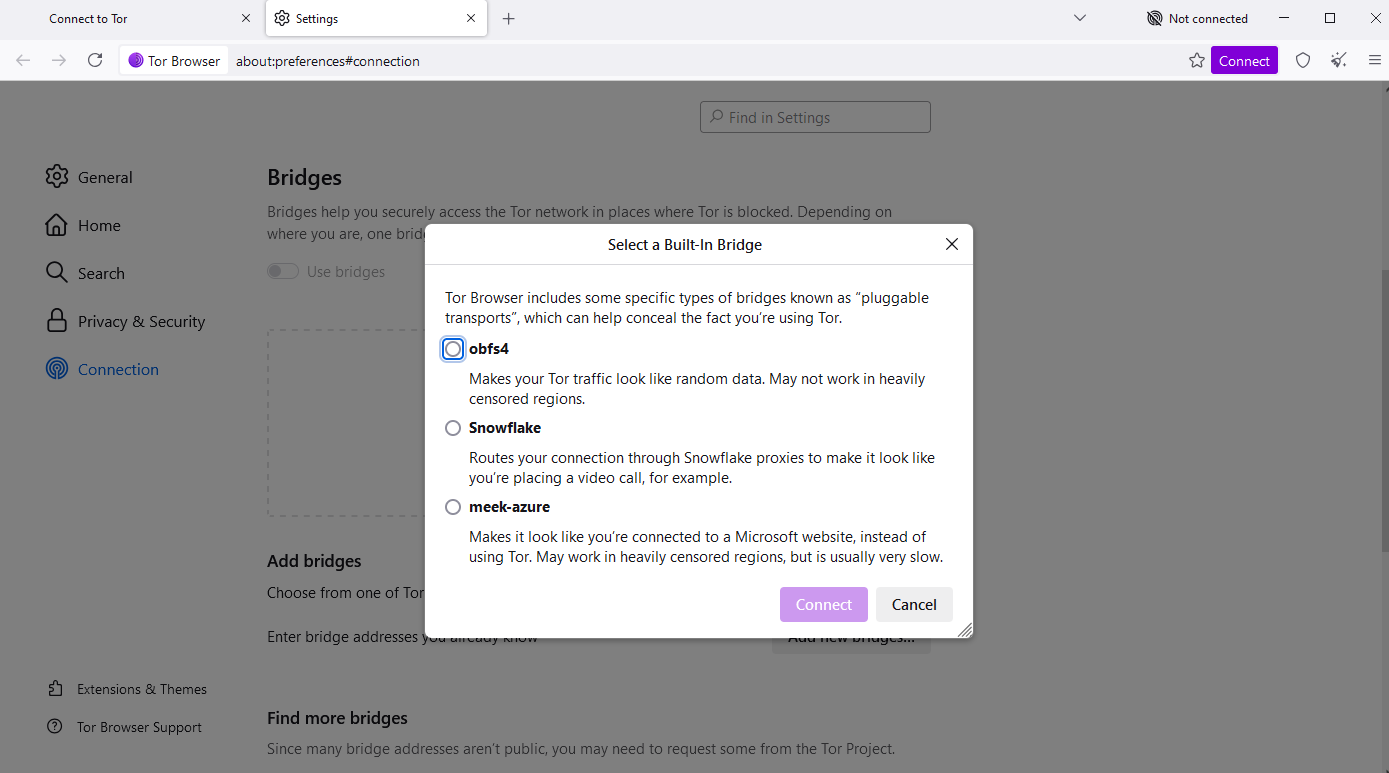 Lista de bridges integradas (ex.: obfs4) no Tor Browser