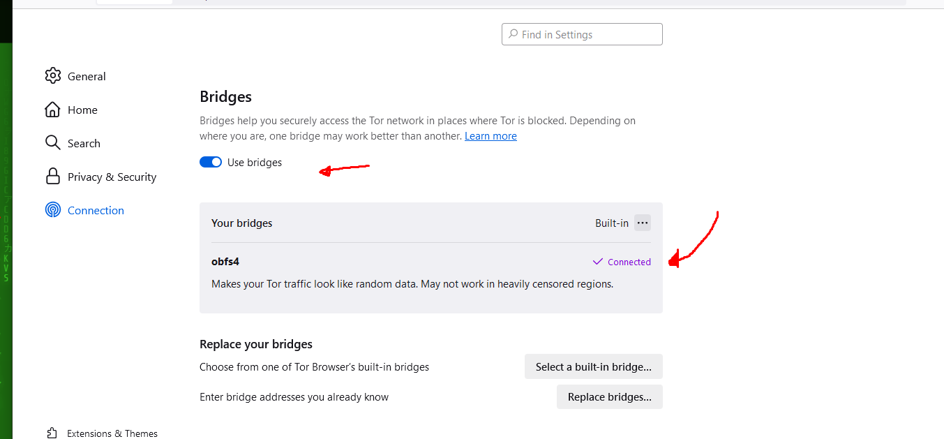 Verificação de conexão do Tor Browser após configurar a bridge